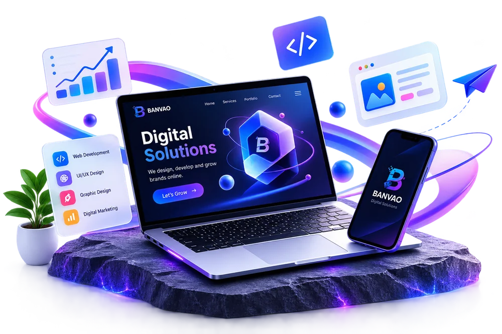 Laptop and phone mockup of the BANVAO website, surrounded by icons for web development, UI/UX design, graphic design, and digital marketing